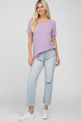 Lavender V-Neck Short Sleeve Round Hem Top