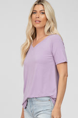 Lavender V-Neck Short Sleeve Round Hem Top