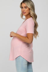 Light Pink V-Neck Maternity Short Sleeve Round Hem Top