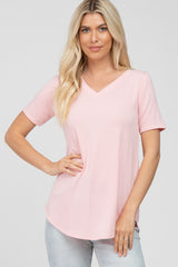 Light Pink V-Neck Maternity Short Sleeve Round Hem Top