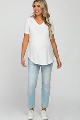 Ivory V-Neck Maternity Short Sleeve Round Hem Top