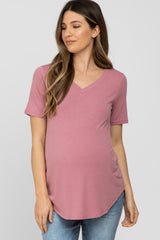 Dark Pink V-Neck Maternity Short Sleeve Round Hem Top