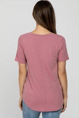 Dark Pink V-Neck Maternity Short Sleeve Round Hem Top