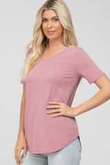 Dark Pink V-Neck Short Sleeve Round Hem Top