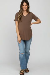 Brown V-Neck Maternity Short Sleeve Round Hem Top