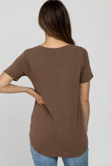 Brown V-Neck Maternity Short Sleeve Round Hem Top