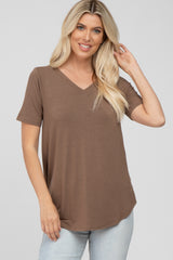 Brown V-Neck Maternity Short Sleeve Round Hem Top