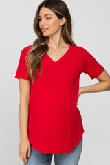 Red V-Neck Maternity Short Sleeve Round Hem Top