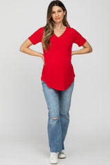 Red V-Neck Maternity Short Sleeve Round Hem Top