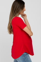 Red V-Neck Maternity Short Sleeve Round Hem Top