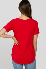 Red V-Neck Maternity Short Sleeve Round Hem Top