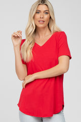 Red V-Neck Maternity Short Sleeve Round Hem Top