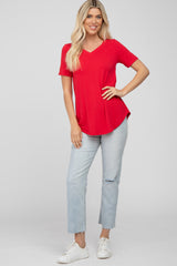 Red V-Neck Short Sleeve Round Hem Top