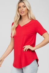 Red V-Neck Short Sleeve Round Hem Top