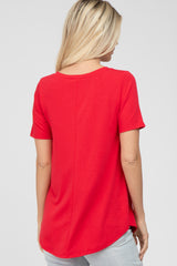 Red V-Neck Short Sleeve Round Hem Top