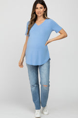 Light Blue V-Neck Maternity Short Sleeve Round Hem Top