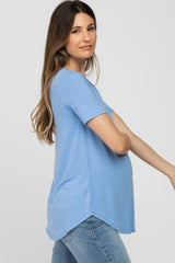 Light Blue V-Neck Maternity Short Sleeve Round Hem Top