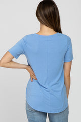 Light Blue V-Neck Maternity Short Sleeve Round Hem Top