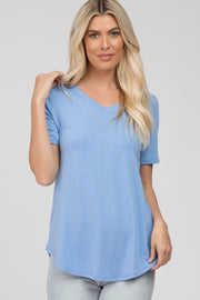 Light Blue V-Neck Short Sleeve Round Hem Top