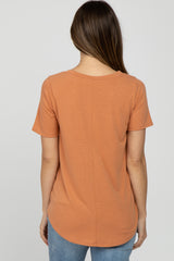 Orange V-Neck Maternity Short Sleeve Round Hem Top