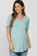 Light Mint V-Neck Maternity Short Sleeve Round Hem Top