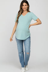 Light Mint V-Neck Maternity Short Sleeve Round Hem Top