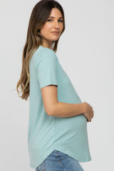 Light Mint V-Neck Maternity Short Sleeve Round Hem Top