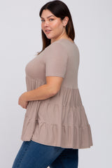 Taupe V-Neck Round Hem Plus Top