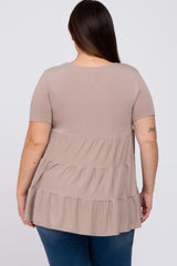 Taupe V-Neck Round Hem Plus Top