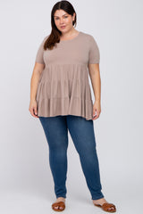 Taupe V-Neck Round Hem Plus Top