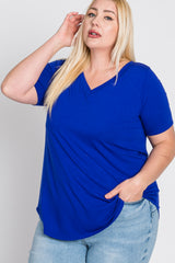 Royal Blue V-Neck Round Hem Plus Top