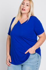 Royal Blue V-Neck Round Hem Plus Top