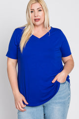 Royal Blue V-Neck Round Hem Plus Top