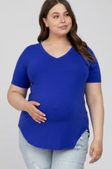 Royal Blue V-Neck Round Hem Maternity Plus Top