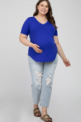 Royal Blue V-Neck Round Hem Maternity Plus Top