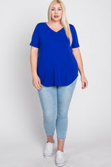 Royal Blue V-Neck Round Hem Plus Top