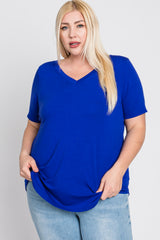 Royal Blue V-Neck Round Hem Plus Top