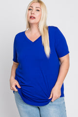 Royal Blue V-Neck Round Hem Plus Top