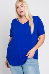 Royal Blue V-Neck Round Hem Plus Top