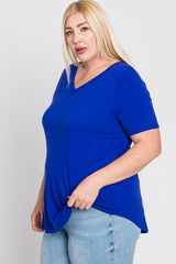 Royal Blue V-Neck Round Hem Plus Top