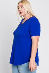 Royal Blue V-Neck Round Hem Plus Top