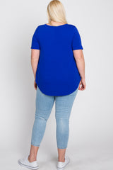 Royal Blue V-Neck Round Hem Plus Top