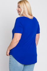 Royal Blue V-Neck Round Hem Plus Top