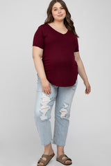 Burgundy V-Neck Round Hem Maternity Plus Top