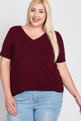 Burgundy V-Neck Round Hem Plus Top