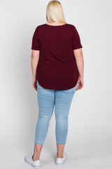 Burgundy V-Neck Round Hem Plus Top