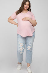 Light Pink V-Neck Round Hem Maternity Plus Top