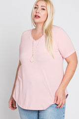 Light Pink V-Neck Round Hem Plus Top