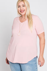 Light Pink V-Neck Round Hem Plus Top