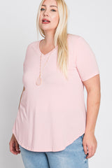 Light Pink V-Neck Round Hem Plus Top